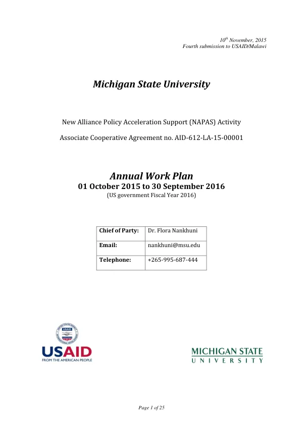 NAPAS:Malawi Annual Work Plan [FY2016]