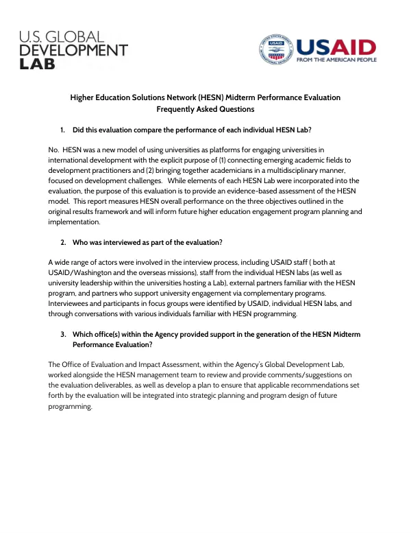 Higher Education Solutions Network (HESN) Midterm Performance Evaluation