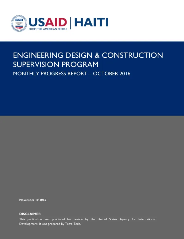 Engineering Design & Construction Supervision Program Monthly Progress Report – October 2016