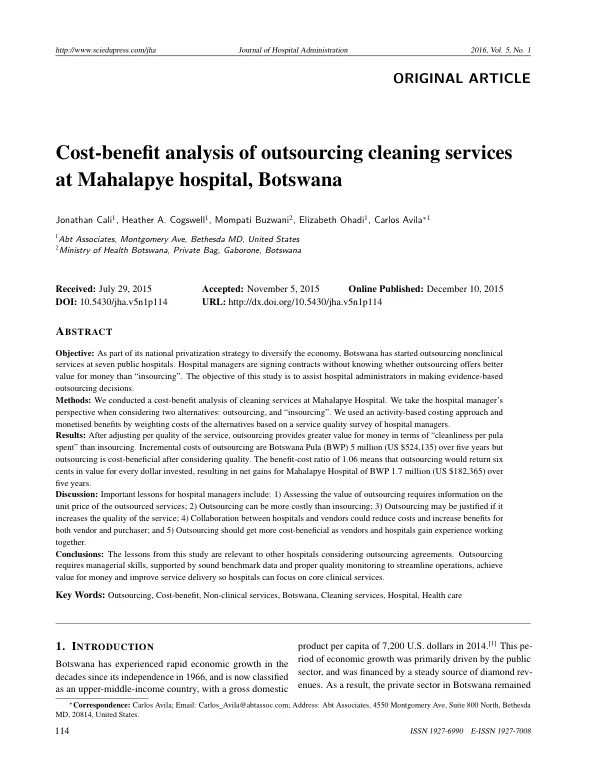 Cost-beneﬁt analysis of outsourcing cleaning services at Mahalapye hospital, Botswana