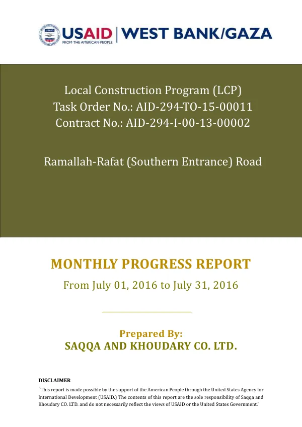 Monthly Progress Report for Ramallah-Rafat (Southern Entrance) Road