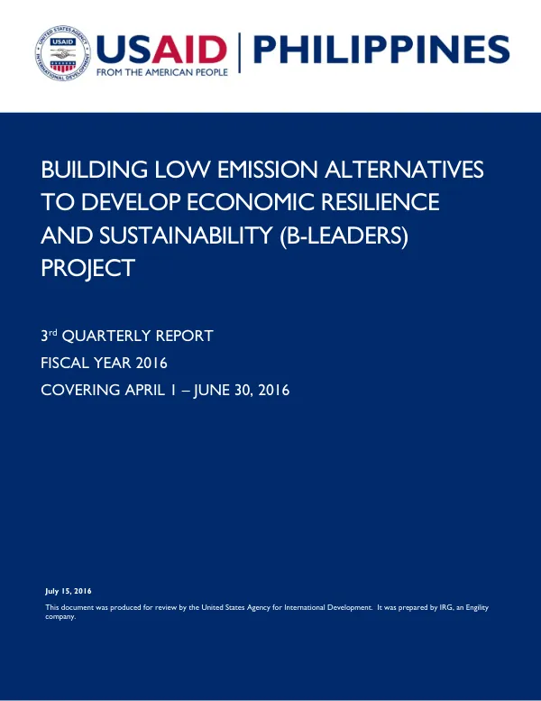 Building Low Emission Alternatives to Develop Economic Resilience and Sustainability 3rd Quarterly Report