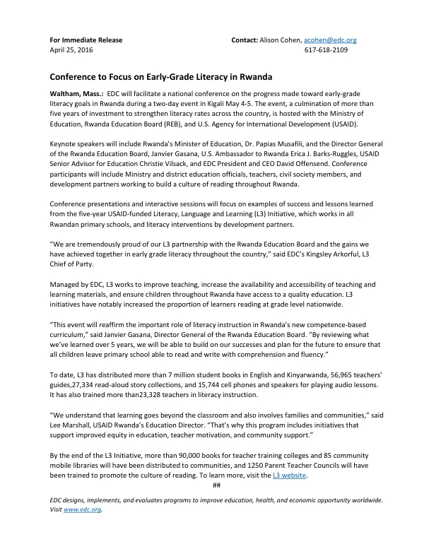 Conference to Focus on Early-Grade Literacy in Rwanda