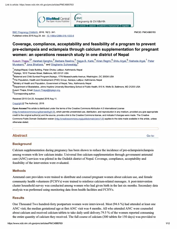Coverage, compliance, acceptability and feasibility of a program to prevent pre-eclampsia and eclampsia through calcium supplementation for pregnant women: an operations research study in one district of Nepal