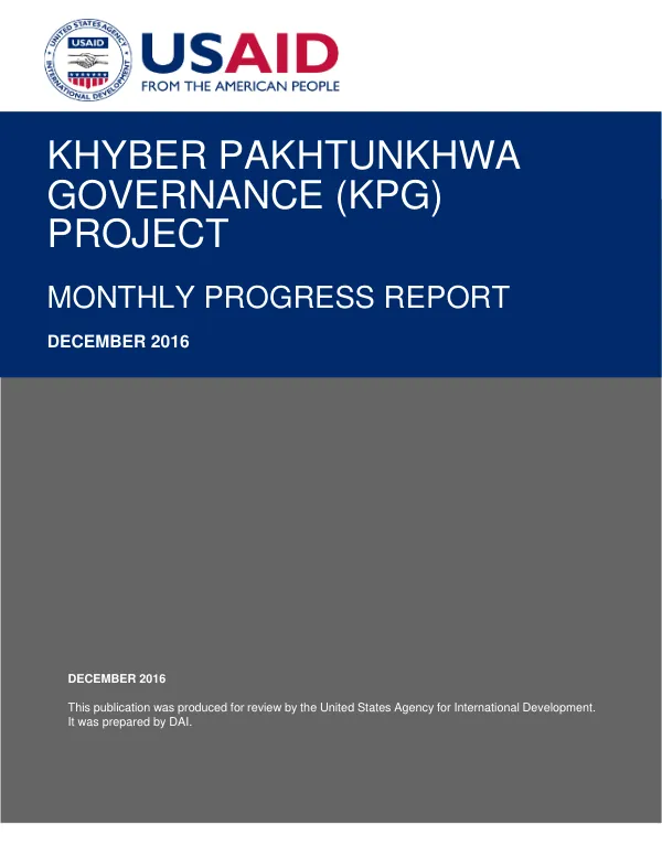 Khyber Pakhtunkhwa Governance (KPG) Project Monthly Progress Report December 2016