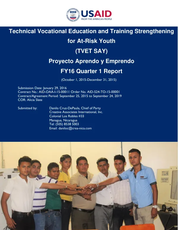 Technical Vocational Education and Training Strengthening for At-Risk Youth (TVET SAY) FY16 Quarter 1 Report