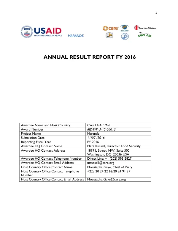 Annual Result Report FY 2016: Harande