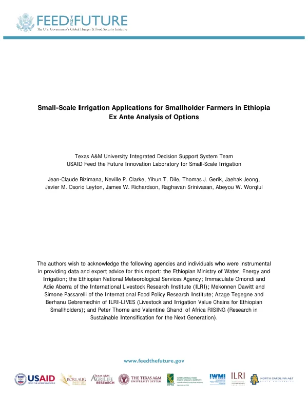 Small-Scale Irrigation Applications for Smallholder Farmers in Ethiopia Ex Ante Analysis of Options