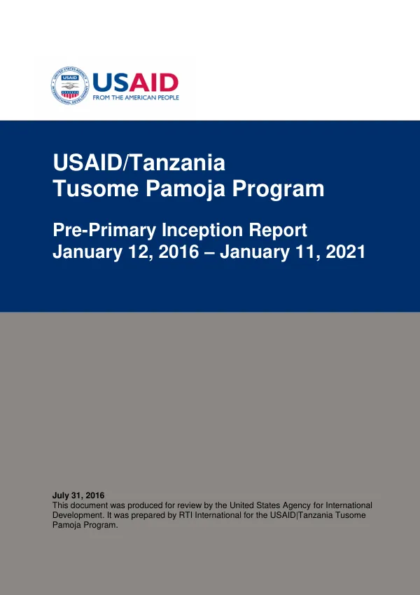 USAID/Tanzania Tusome Pamoja Program Pre-Primary Inception Report, Draft