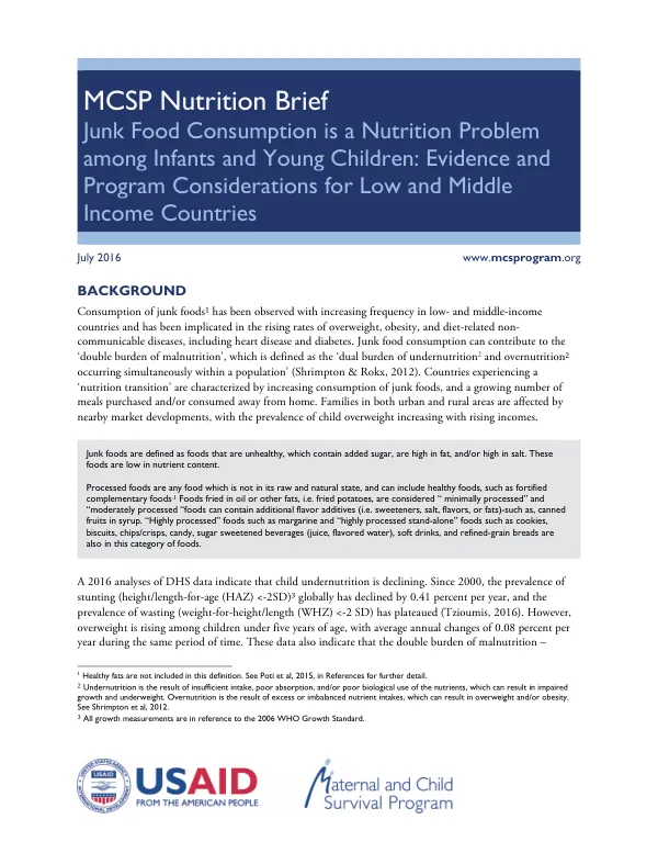 MCSP Nutrition Brief: Junk Food Consumption is a Nutrition Problem among Infants and Young Children