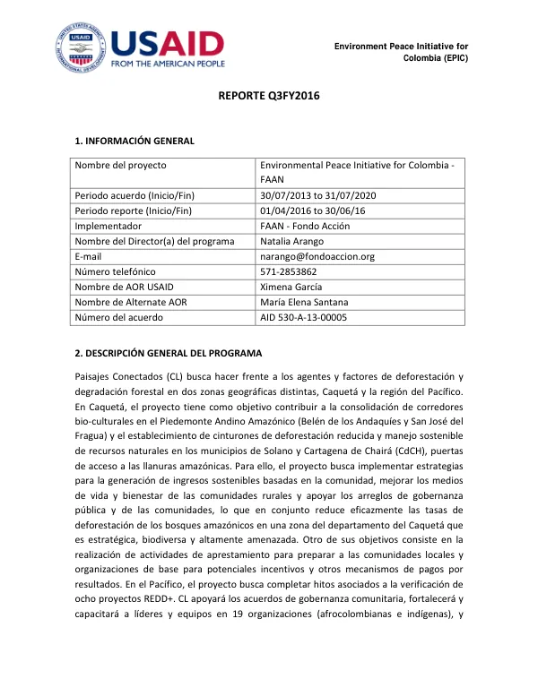 Environment Peace Initiative for Colombia (EPIC) REPORTE Q3FY2016