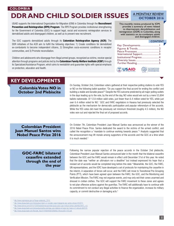 Monthly Review: Disarmament, Demobilization and Reintegration (DDR) in Colombia, October 2016