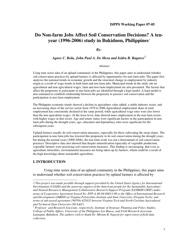 Do non-farm jobs affect soil conservation decisions? : a ten-year (1996-2006) study in Bukidnon, Philippines