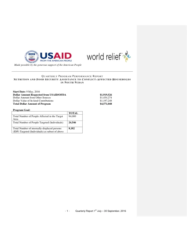 Quarterly Report 1st July – 30 September, 2016