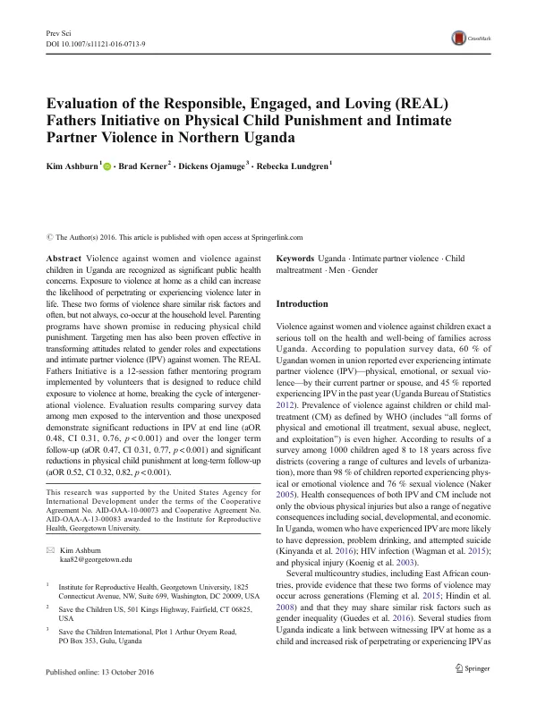 Evaluation of the Responsible, Engaged, and Loving (REAL) Fathers Initiative on Physical Child Punishment and Intimate Partner Violence in Northern Uganda