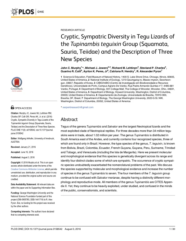 Cryptic, Sympatric Diversity in Tegu Lizards of the Tupinambis teguixin Group (Squamata, Sauria, Teiidae) and the Description of Three New Species