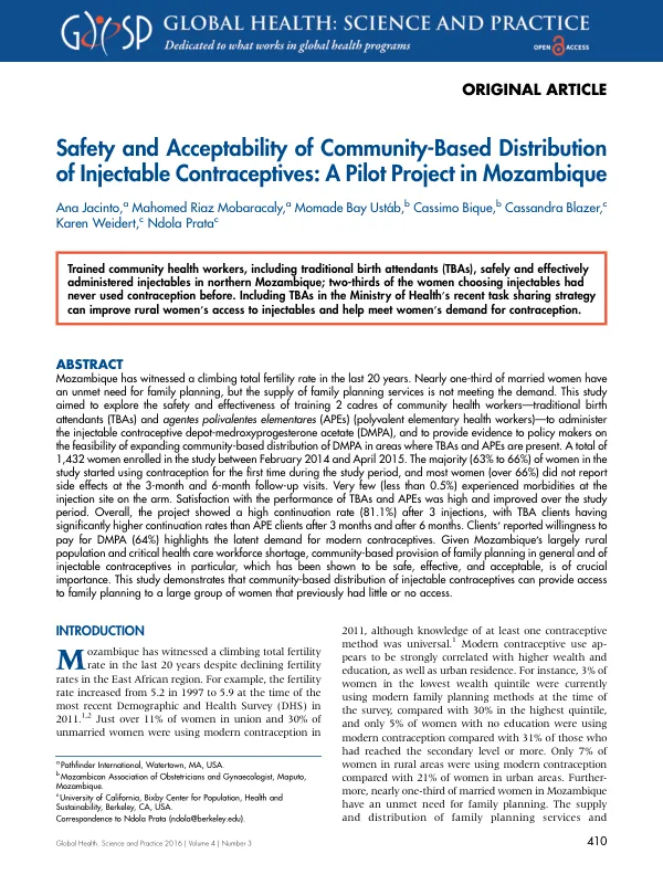 Safety and Acceptability of Community-Based Distribution of Injectable Contraceptives: A Pilot Project in Mozambique