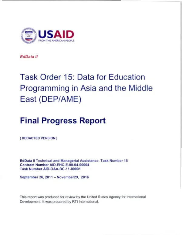 EdData II Task Order 15: Data for Education Programming in Asia and the Middle East (DEP/AME) Final Progress Report