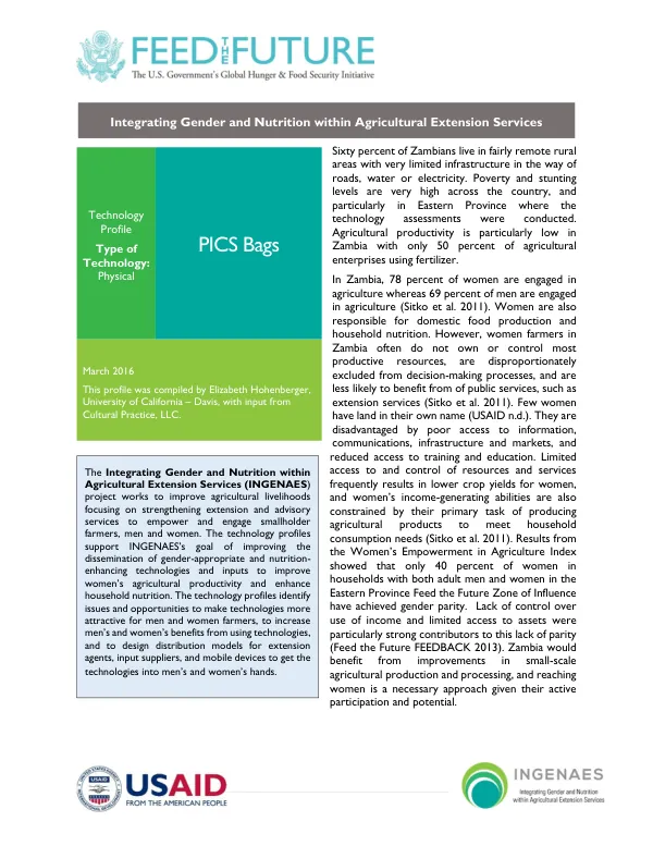 Integrating Gender and Nutrition within Agricultural Extension Services: Technology Profile - PICS Bags