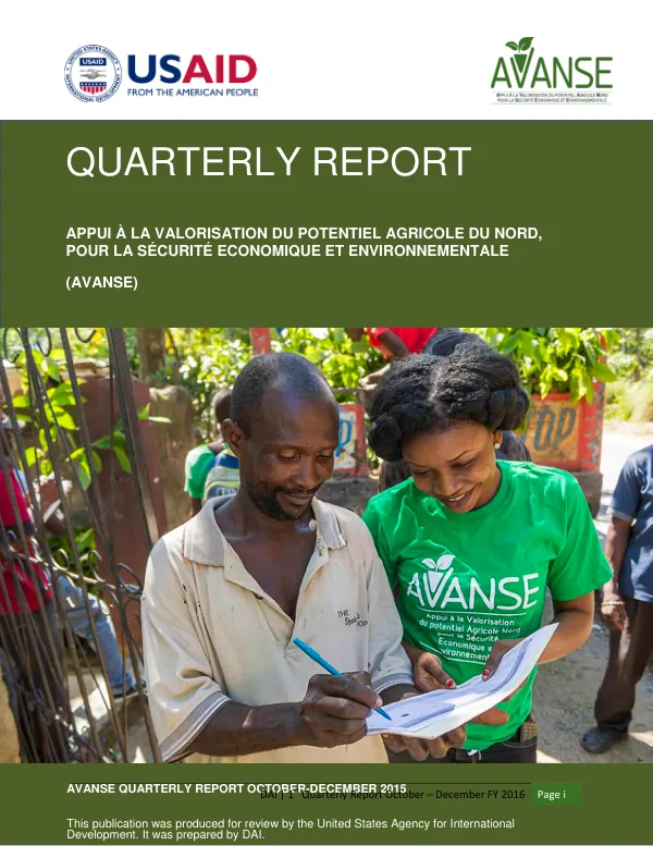 1st Quarterly Report October – December FY 2016: Appui à la Valorisation du potentiel Agricole du Nord, pour la Sécurité Économique et Environnementale (AVANSE)