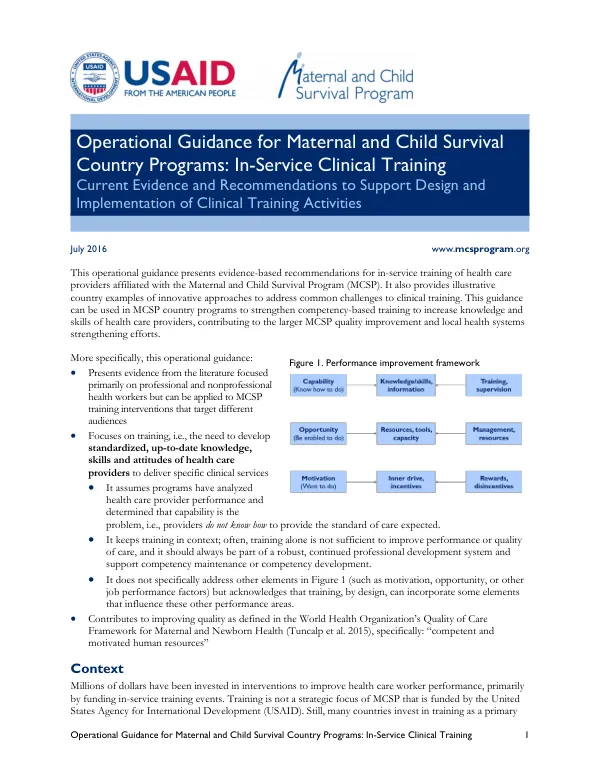 Operational Guidance for Maternal and Child Survival Country Programs: In-Service Clinical Training