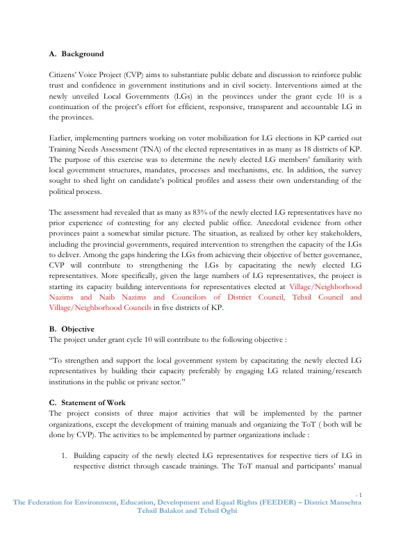 The Federation for Environment, Education, Development and Equal Rights (FEEDER) – District Mansehra Tehsil Balakot and Tehsil Oghi