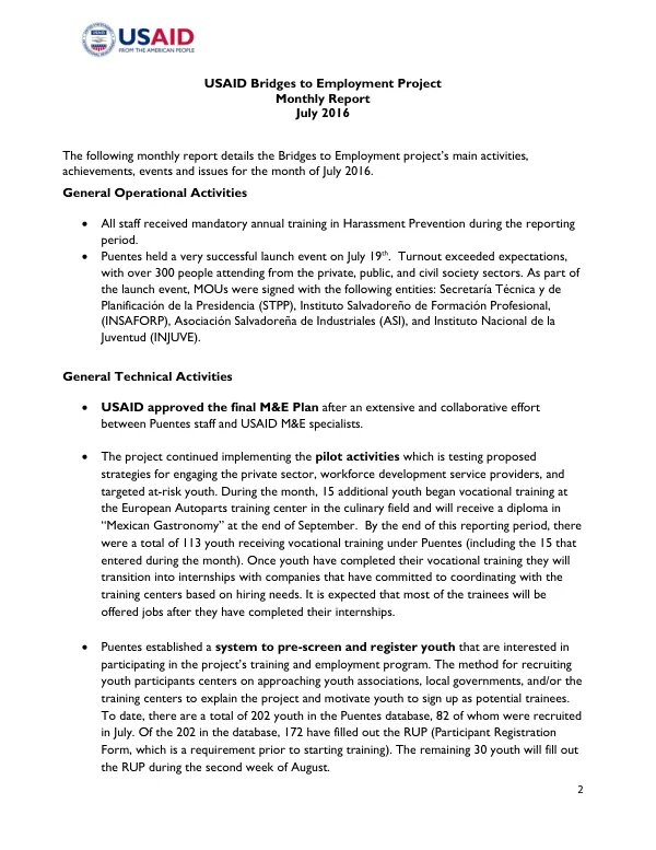 USAID Bridges to Employment Project Monthly Report July 2016