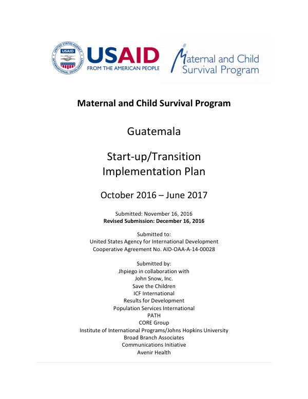Maternal and Child Survival Program Start-up/Transition Implementation Plan