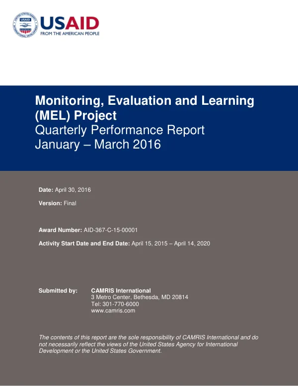 Quarterly Performance Report: Monitoring, Evaluation and Learning Project, January – March 2016