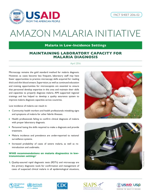 Maintaining Laboratory Capacity for Malaria Diagnosis in Low-Incidence Settings