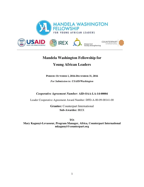 Mandela Washington Fellowship for Young African Leaders Quarterly Report October 1, 2016-December 31, 2016