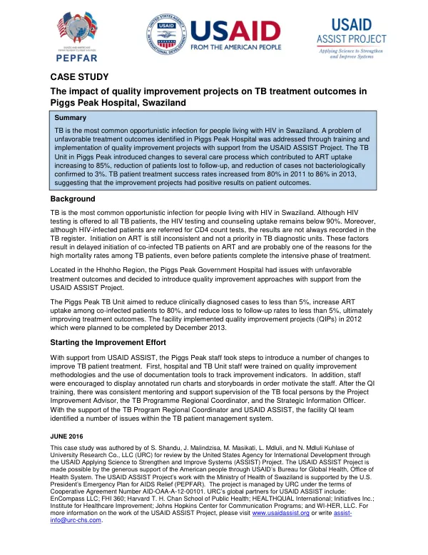 The impact of quality improvement projects on TB treatment outcomes in Piggs Peak Hospital, Swaziland
