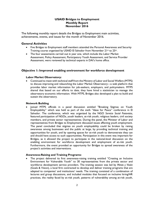 USAID Bridges to Employment Monthly Report November 2016