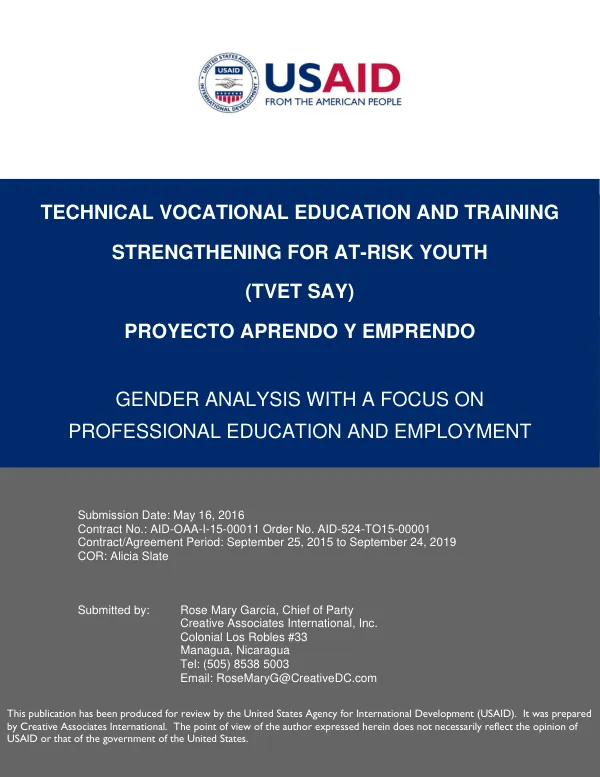 Gender Analysis: Technical Vocational Education and Training Strengthening for At-Risk Youth (TVET SAY) Project