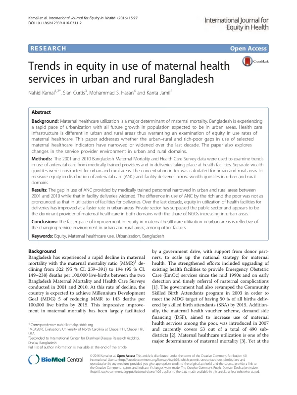 Trends in equity in use of maternal health services in urban and rural Bangladesh