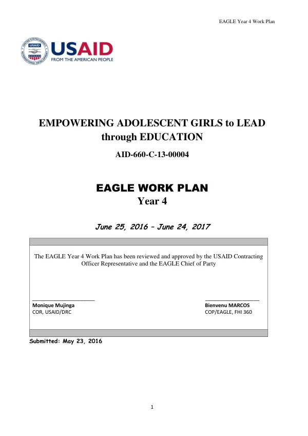 EAGLE Year 4 Work Plan: Empowering Adolescent Girls to Lead through Education