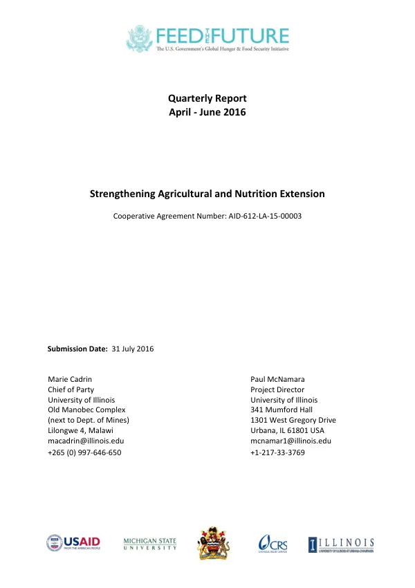 Quarterly Report April - June 2016: Strengthening Agricultural and Nutrition Extension