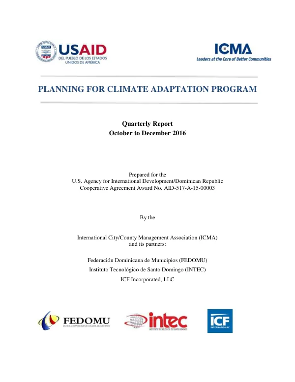 USAID/ICMA Planning for Climate Adaptation Program – Quarterly Report October to December 2016