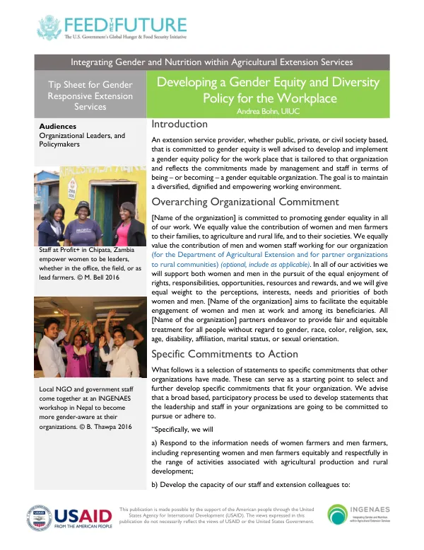 Gender Equity and Diversity Policy for the Workplace