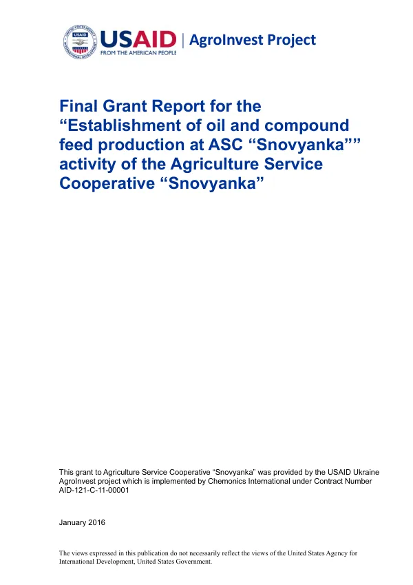 Final Grant Report for the Establishment of oil and compound feed production at ASC “Snovyanka”