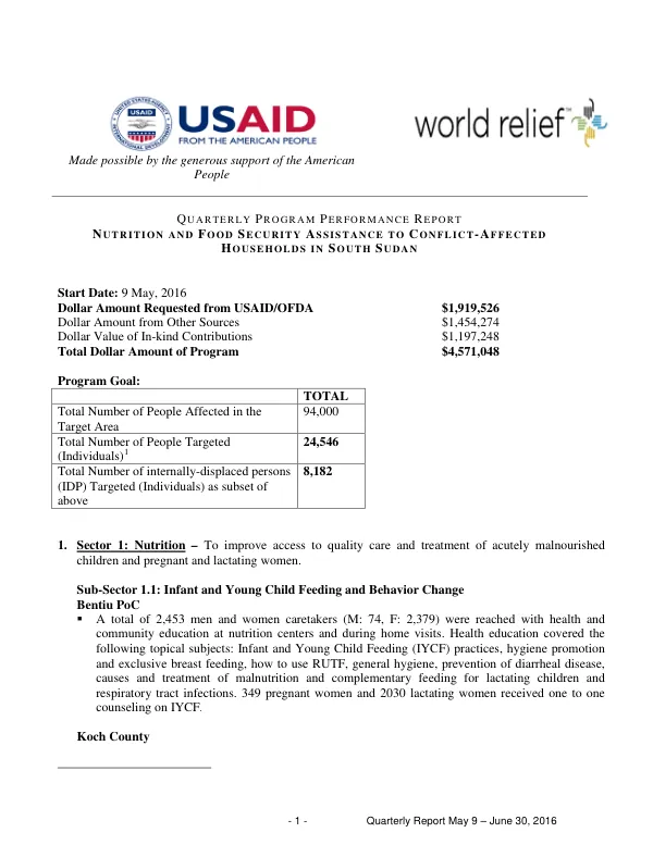 Quarterly Program Performance Report: Nutrition and Food Security Assistance to Conflict-Affected Households in South Sudan
