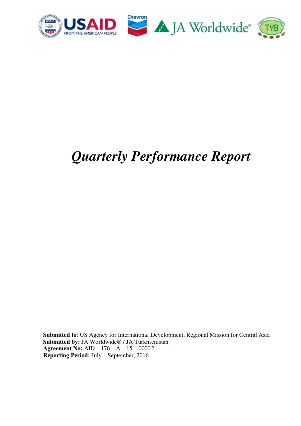 Quarterly Performance Report: Socioeconomic Adaptation of the Youth of Turkmenistan through Experiential Learning and Skills Enhancement Project