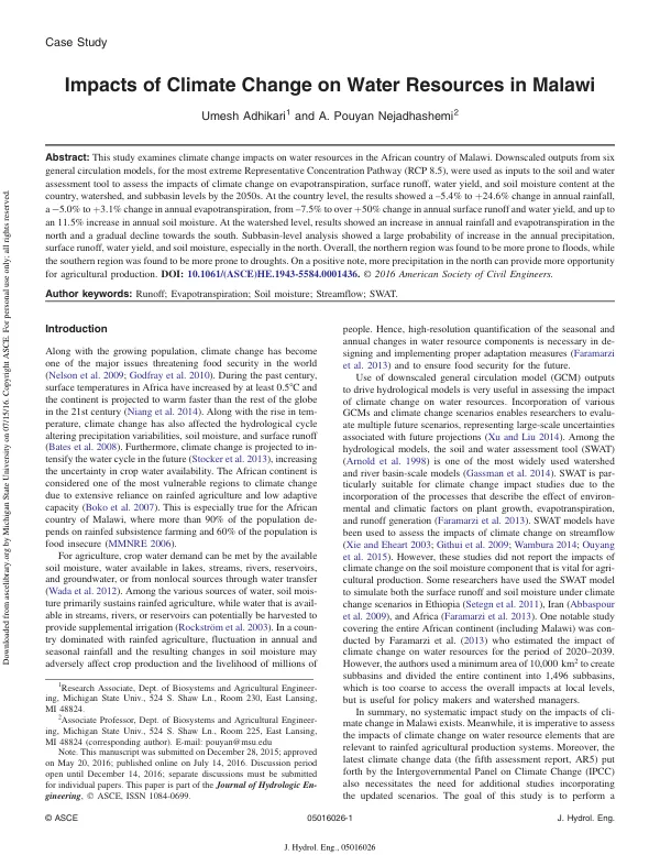 Impacts of Climate Change on Water Resources in Malawi