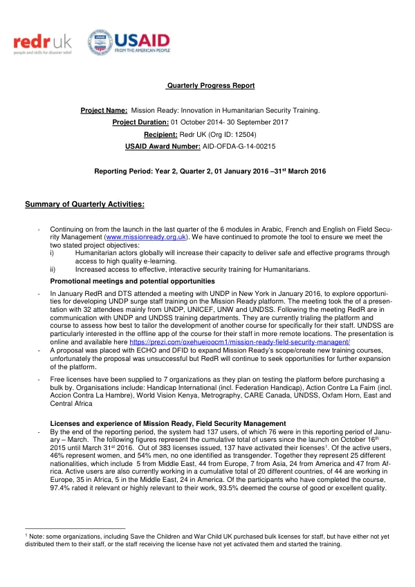 Quarterly Progress Report: Mission Ready: Innovation in Humanitarian Security Training
