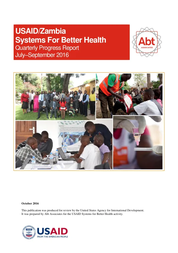 Quarterly Progress Report: USAID Systems for Better Health Activity in Zambia