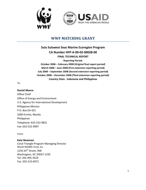 WWF matching grant : Sulu Sulawesi Seas marine ecoregion program -- CA number HFP-A-00-02-00028-00 : final technical report