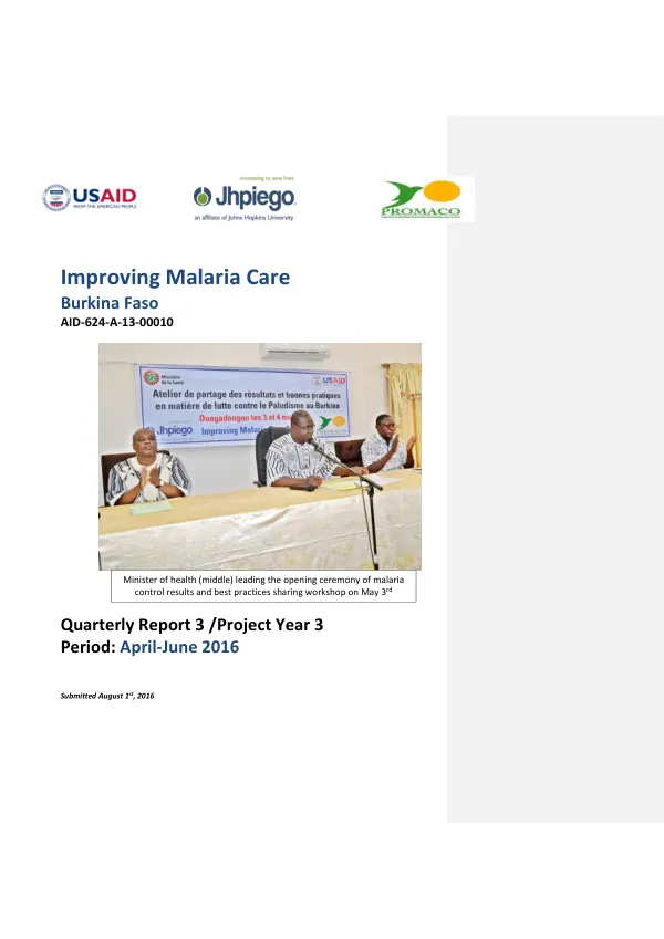 Improving Malaria Care Quarterly Report 3 /Project Year 3
