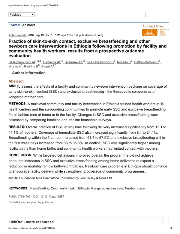 Practice of skin-to-skin contact, exclusive breastfeeding and other newborn care interventions in Ethiopia following promotion by facility and community health workers: results from a prospective outcome evaluation.