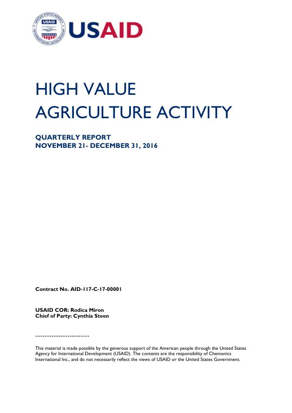 Quarterly Report: November 21 - December 31, 2016, High Value Agriculture Activity in Moldova