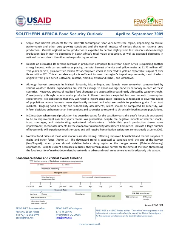 Southern Africa food security outlook, April to September 2009